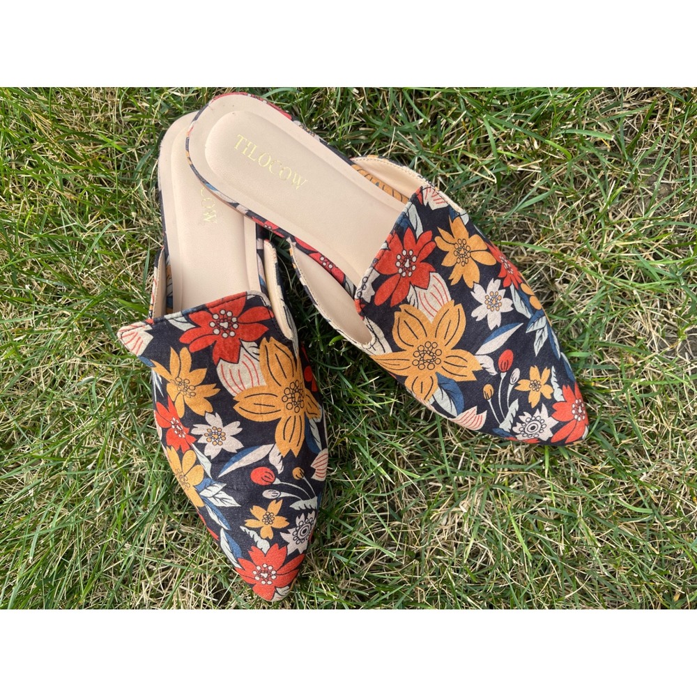 Tilocow Floral chic Mules Navy Multi Color SlipOn Flat Loafers baroque coquette